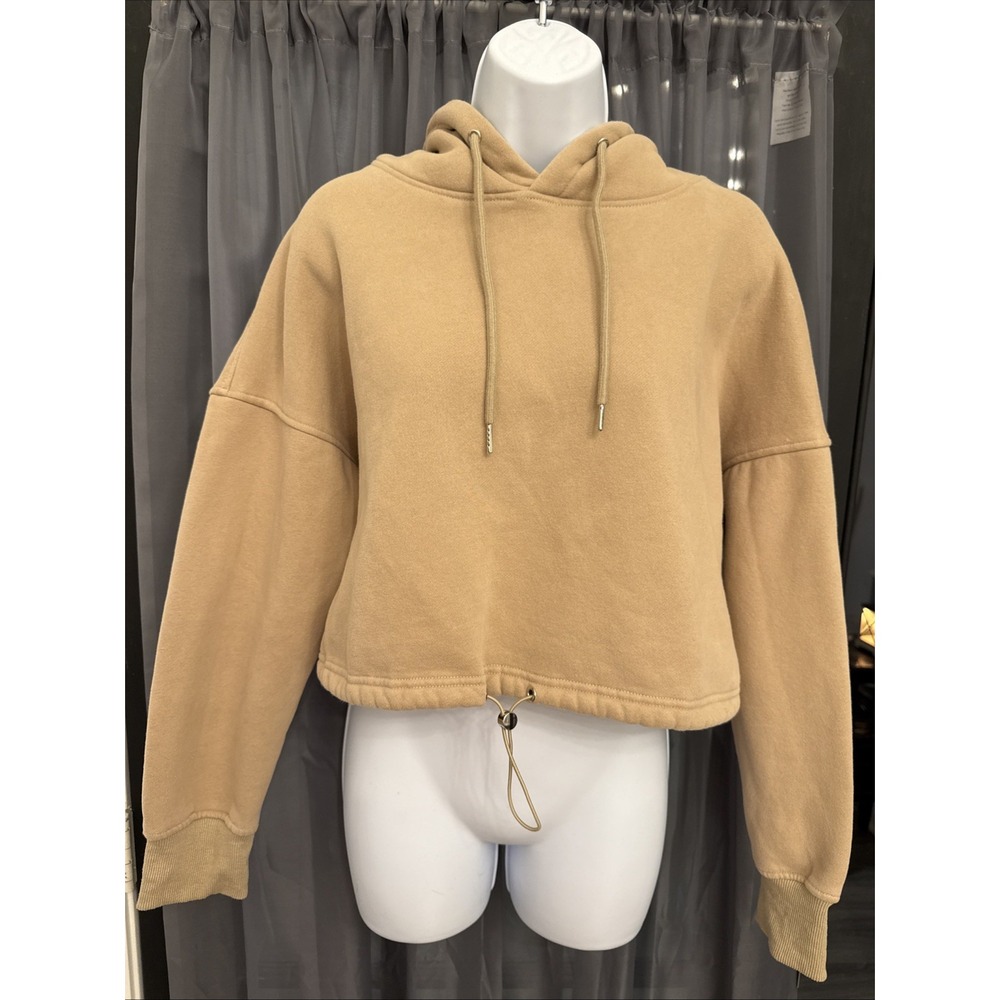 Prinbara Cropped Hoodie Sweatshirt Beige Khaki Cinch Waist Drawstring Womens L